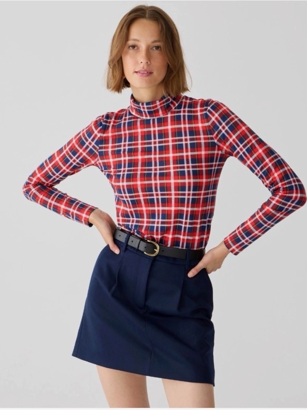 J.Crew Tissue Turtleneck Red Tartan Holiday Plaid Top Cotton